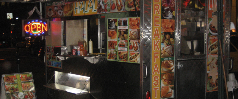 It's remarkable the variety of food the Halal cart can cook: chicken-on-rice, chicken-on-pita, falafel-on-rice, falafel-on-pita, vegetables-on-rice, Philly cheese steak, hamburger, Italian sausage, fish fillet, and rolls. The prices range from four to six bucks. Sharif's pet peeve is when a customer orders Italian sausage, because that takes almost 10 minutes to cook. “This is rice-cart, no sausage-cart. Sausage cart down there,” he said, waving his tongs in the direction of South Street Seaport. “I tell them it slow, but they still want sausage.” Photo by William Marshall