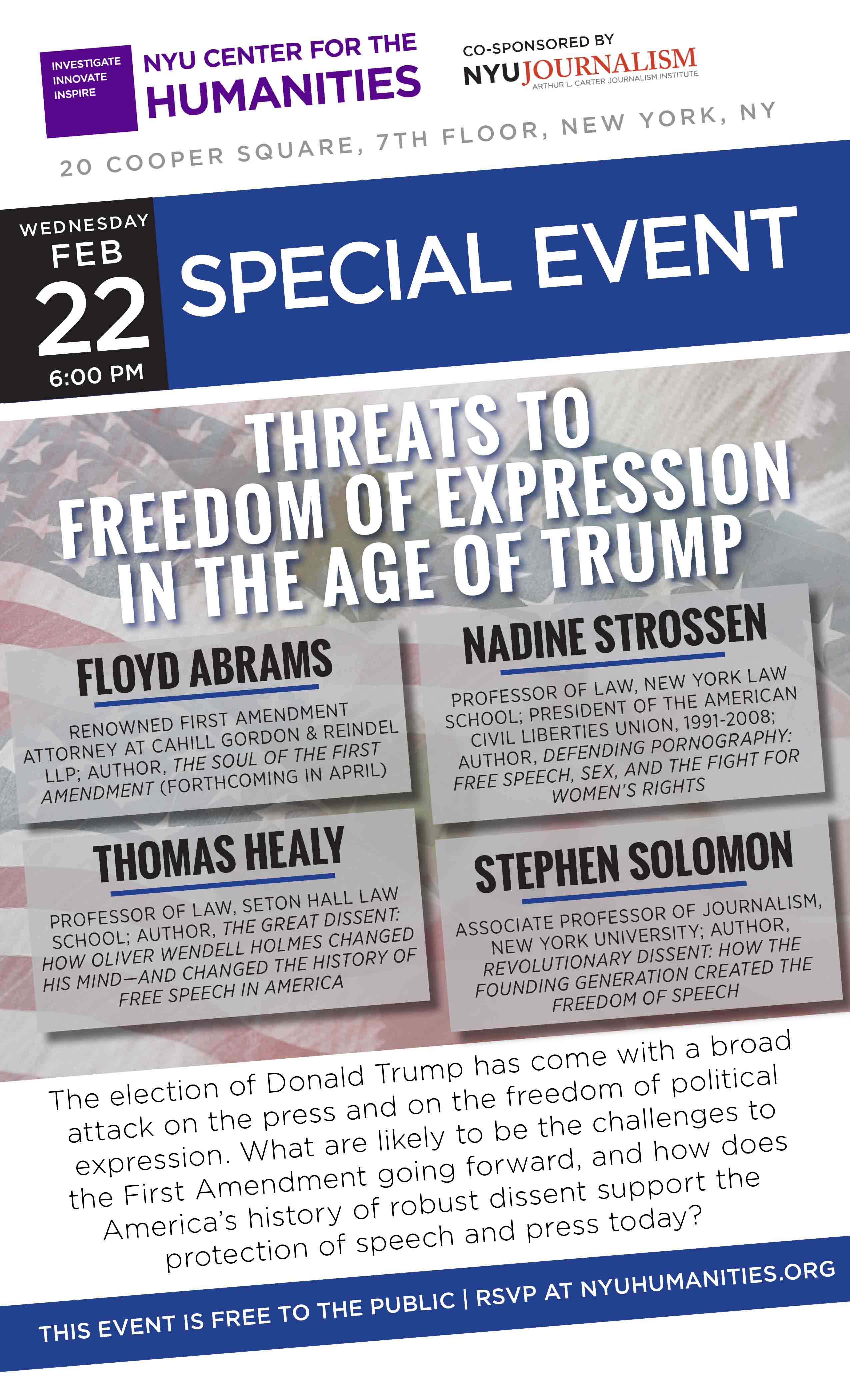 Threats To Freedom of Expression in the Age of Trump - Event Poster 22 Feb 2017