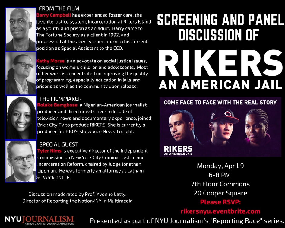 Screening and Discussion of "Rikers: An American Jail" - Event Poster 2018