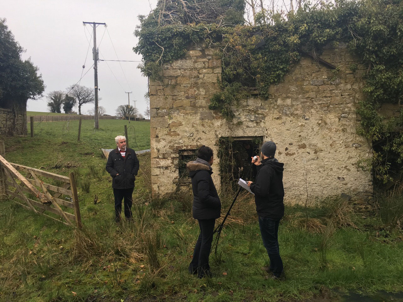 Rebecca Blandón and Stephen Groves prepare to interview Eric Brown of the South East Fermanagh Foundation