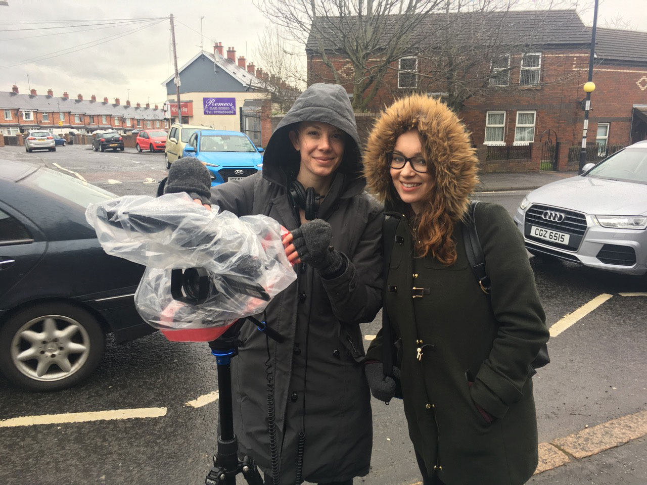 Emily Cameron and Jesselyn Cook filming in the Ardoyne, Belfast