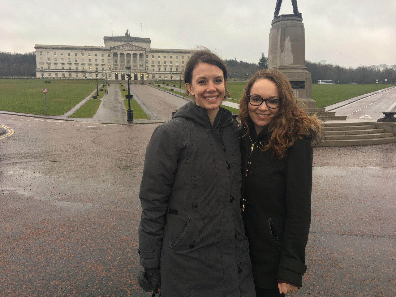 Emily Cameron (l) and Jesselyn Cook (r) visiting the Northern Ireland Assembly Buildings at Stormont