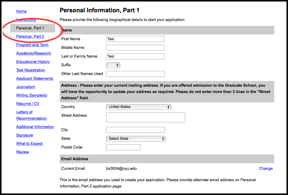 OJM Screenshot of Application Page: Personal Information Button