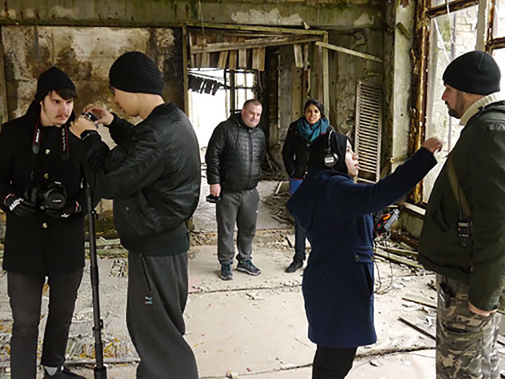 Preparing to film with 360 degree camera in irradiated ruins of Pripyat, Ukraine