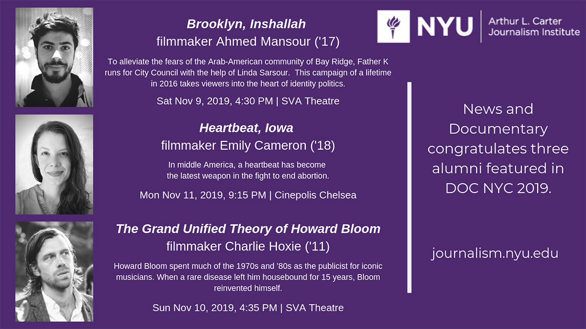 DOC NYC Poster - Nov 2019 - Brooklyn, Inshallah, Heartbeat, Iowa, and The Grand Unified Theory of Howard Bloom (Read web page for more info)