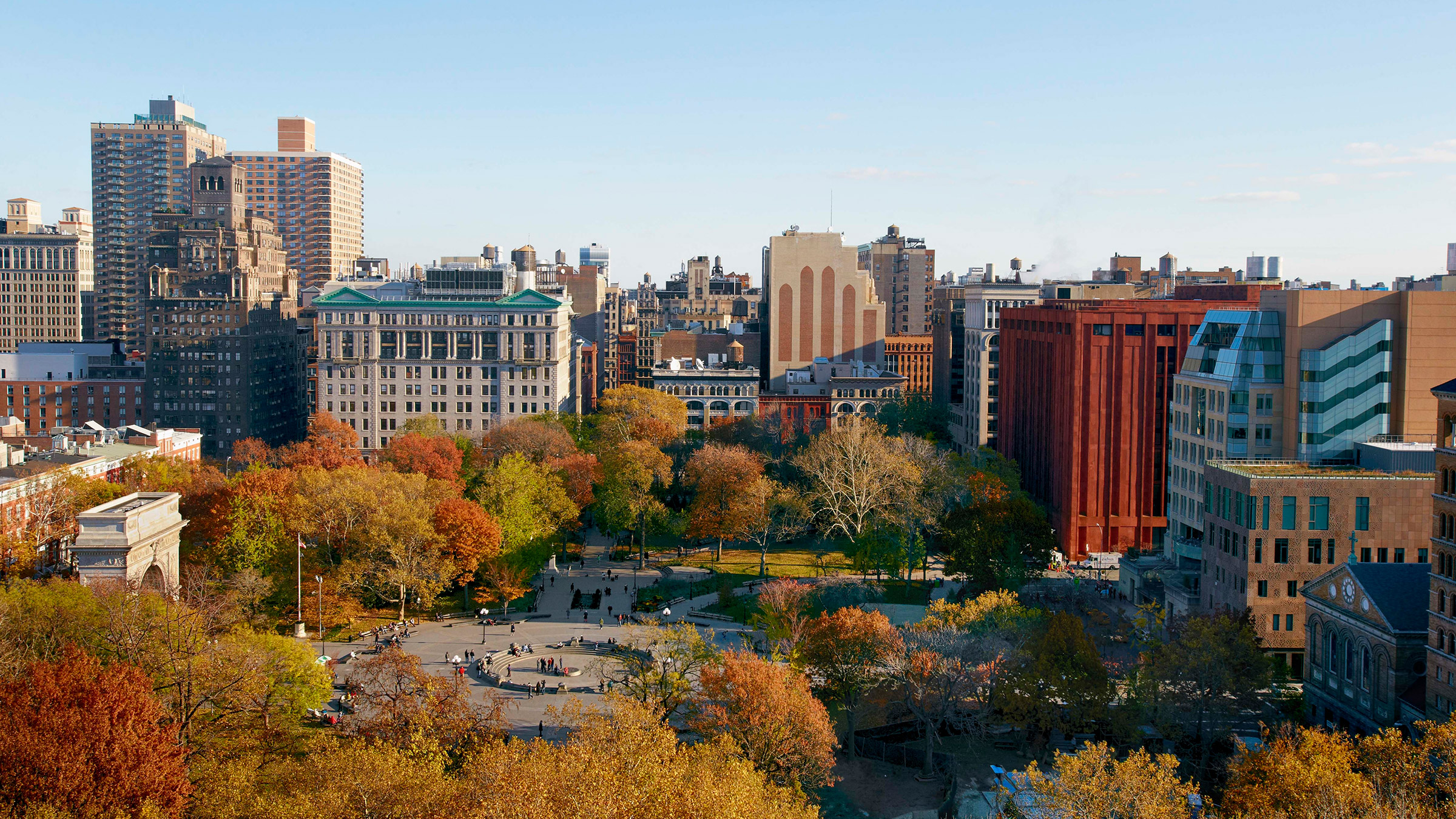 Washington Square Park in fall from aerial view