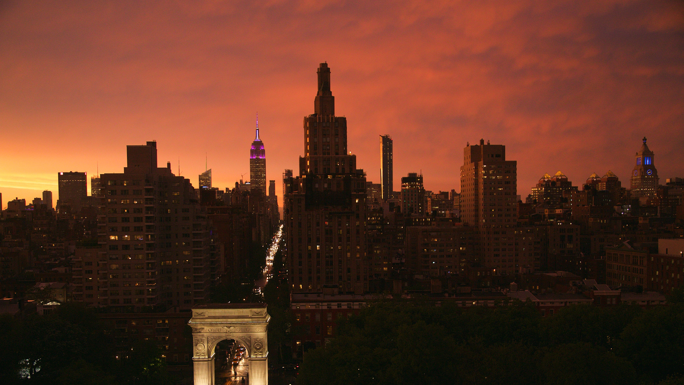 Washington Square Park from aerial view at sunset