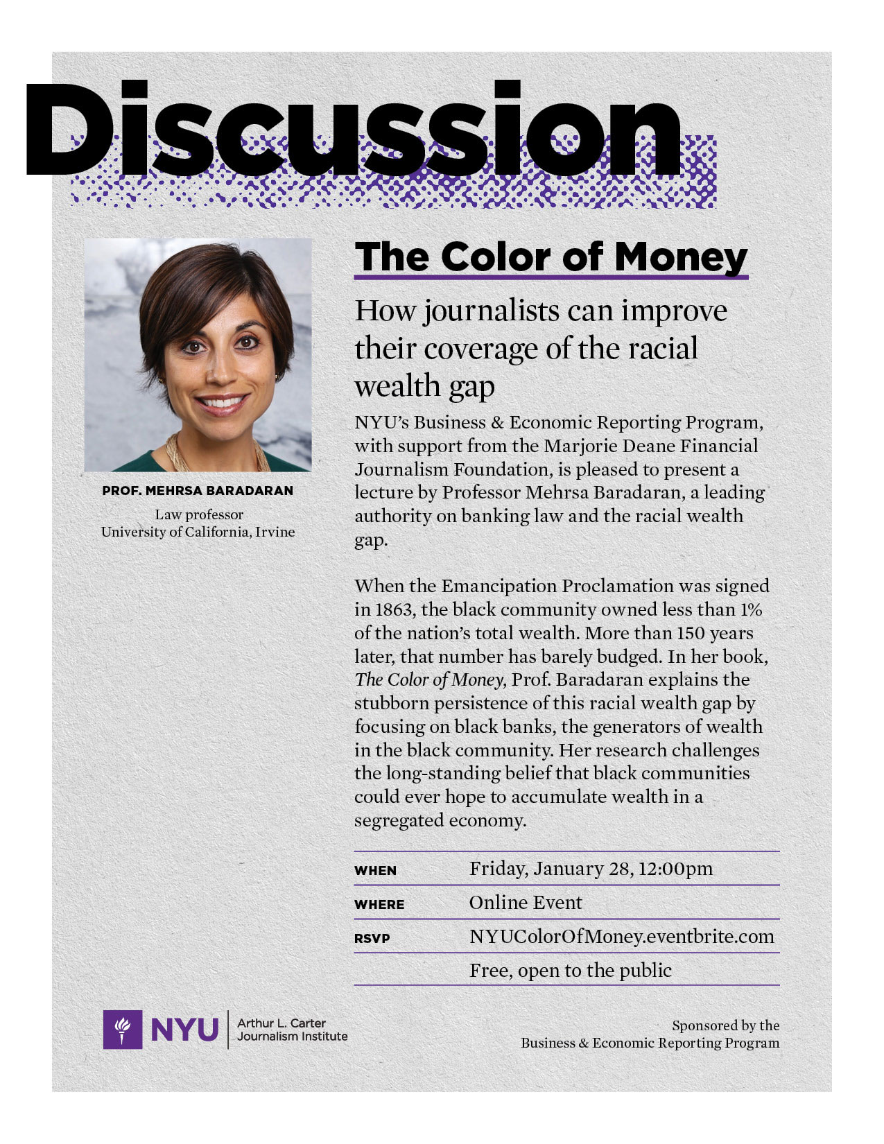 Event Poster - Discussion: The Color of Money - Jan 28 - See event page for details