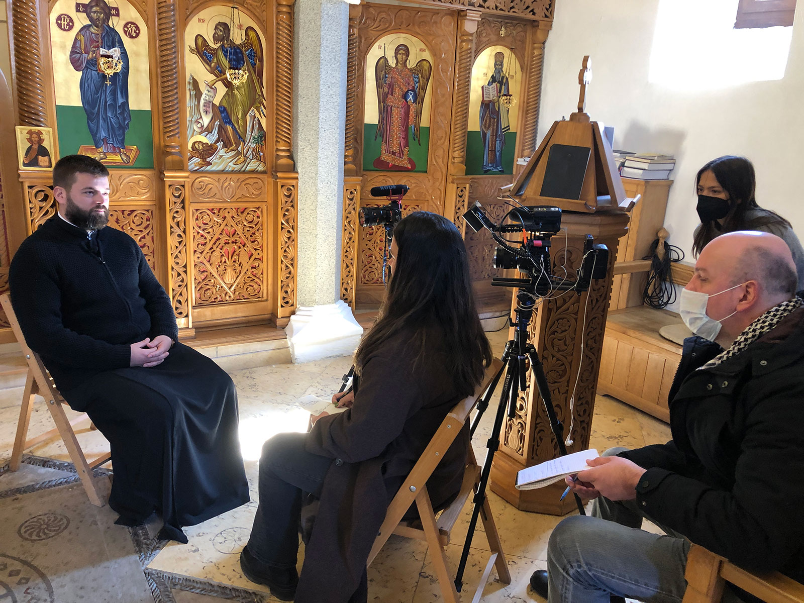 Maggie Geiler and Clara Charrin, with Asim Beslija, interview Serb priest in Mostar