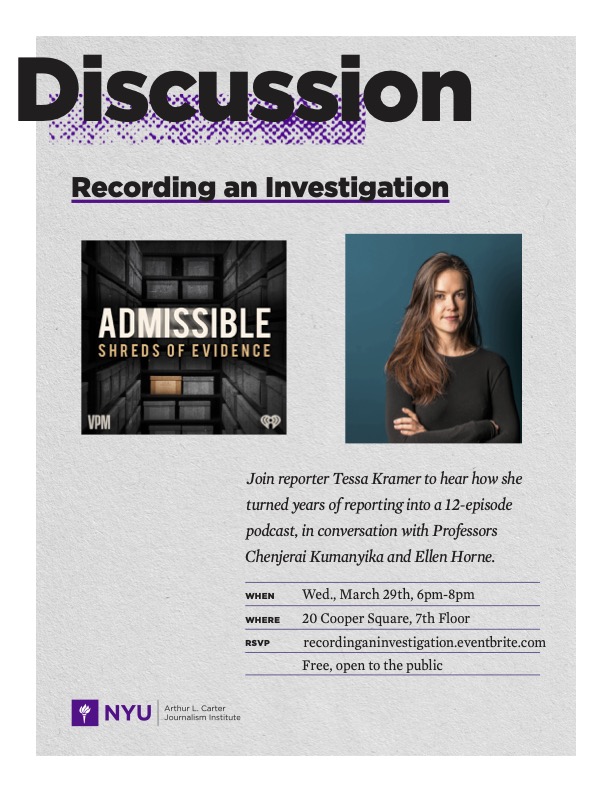 Recording an Investigation Event Flyer. Contains event info and photo of Tessa Kramer.