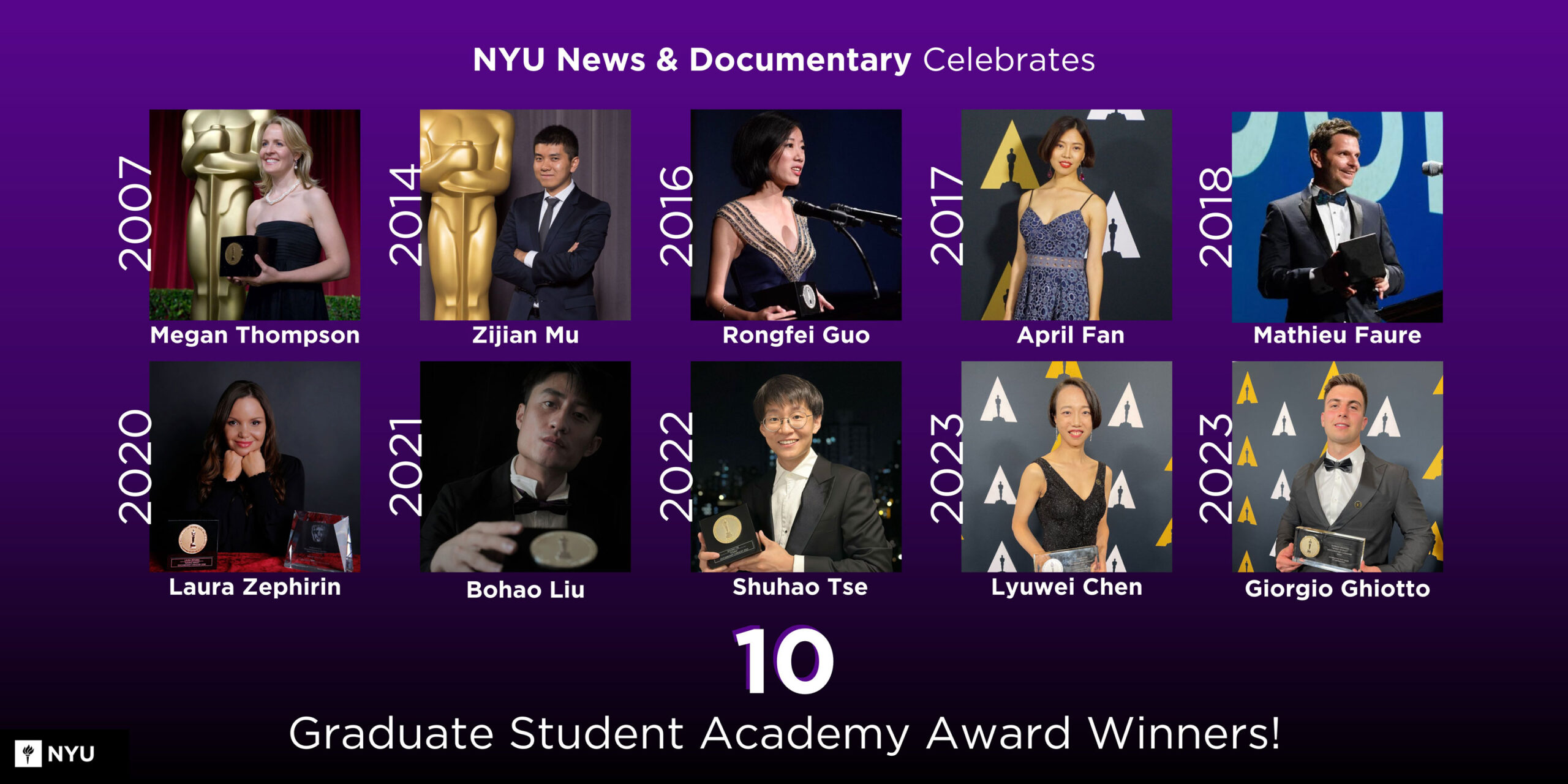 Banner Showing photos of 10 student academy award winners from NewsDoc