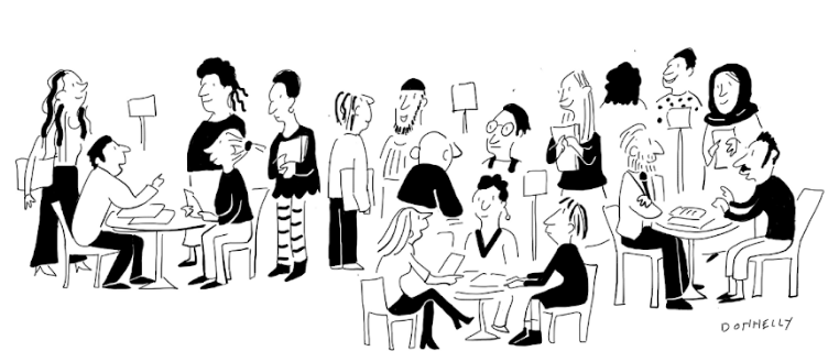 Illustration of people sitting at tables