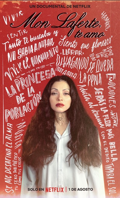 mon laferte, te amo poster. Woman with long hair and a spider neck tattoo looking forward.