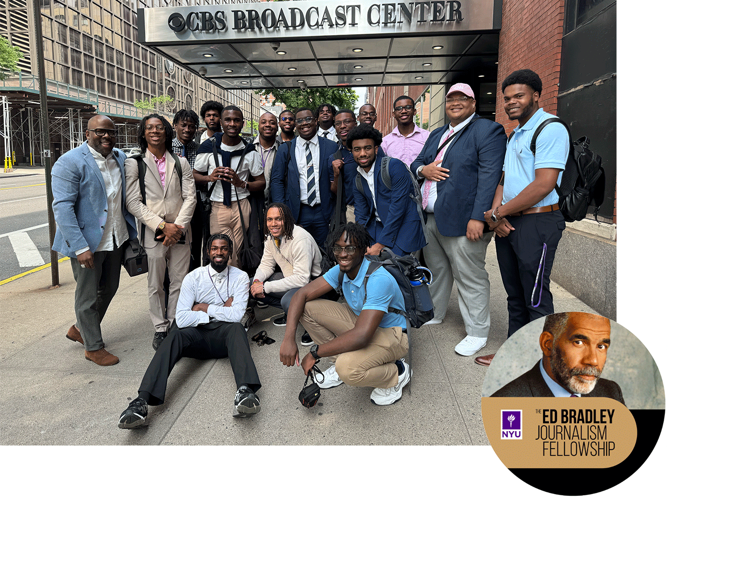 men standing in front of cbs reporting studio. Ed bradley logo overlaid.