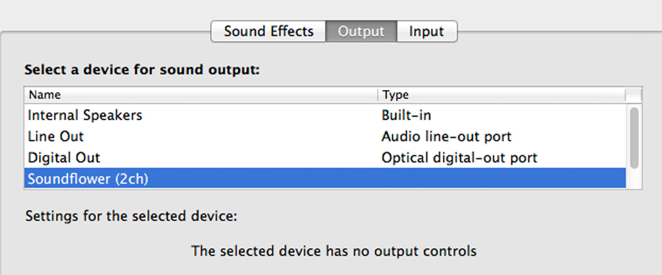 Selecting audio output screenshot